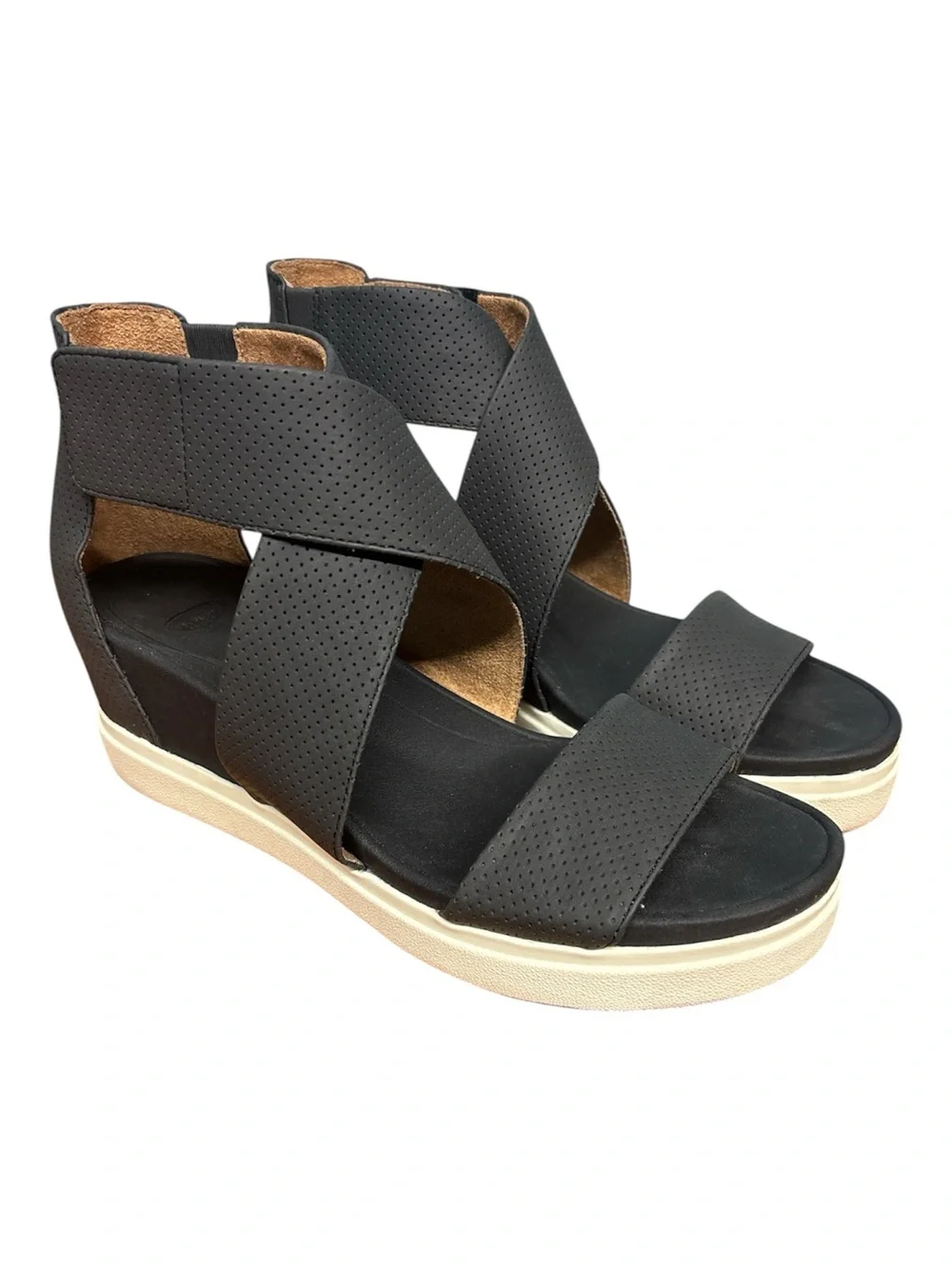 Dr Scholls Womens Sheena Platform Wedge Sandals Size 9 Faux Leather Black Smooth